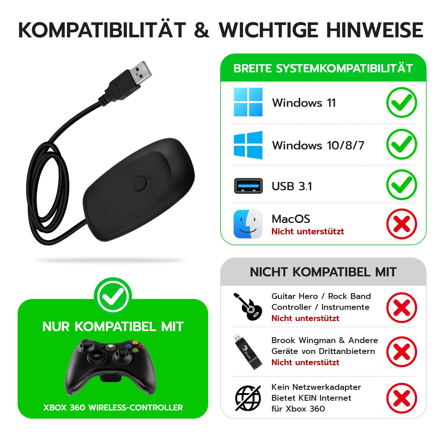 Mcbazel Wireless USB 2.0 Gaming-Empfänger-Adapter für Microsoft Xbox 360, Desktop PC, Laptop, Gaming-Schwarz
