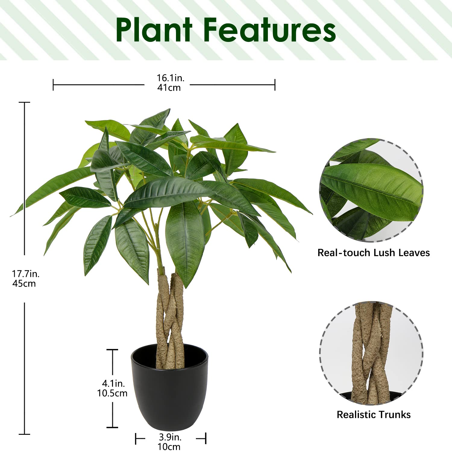 Briful Plante artificielle en pot de 45 cm - Pachira Aquatica - Arbre à monnaie artificiel - Plante décorative pour la maison et le bureau