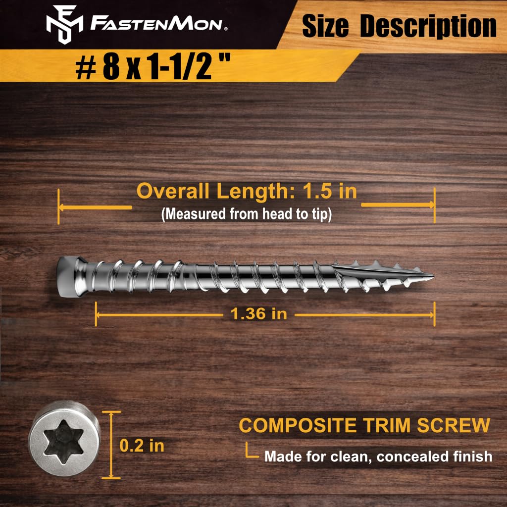 Composite Trim Screws, #8 x 1-1/2” Stainless Steel 304, 450pcs, Hidden Fastener for PVC & Wood, Outdoor Deck, & Exterior, Rust-Resistant, T-10 Star Drive, 2lbs