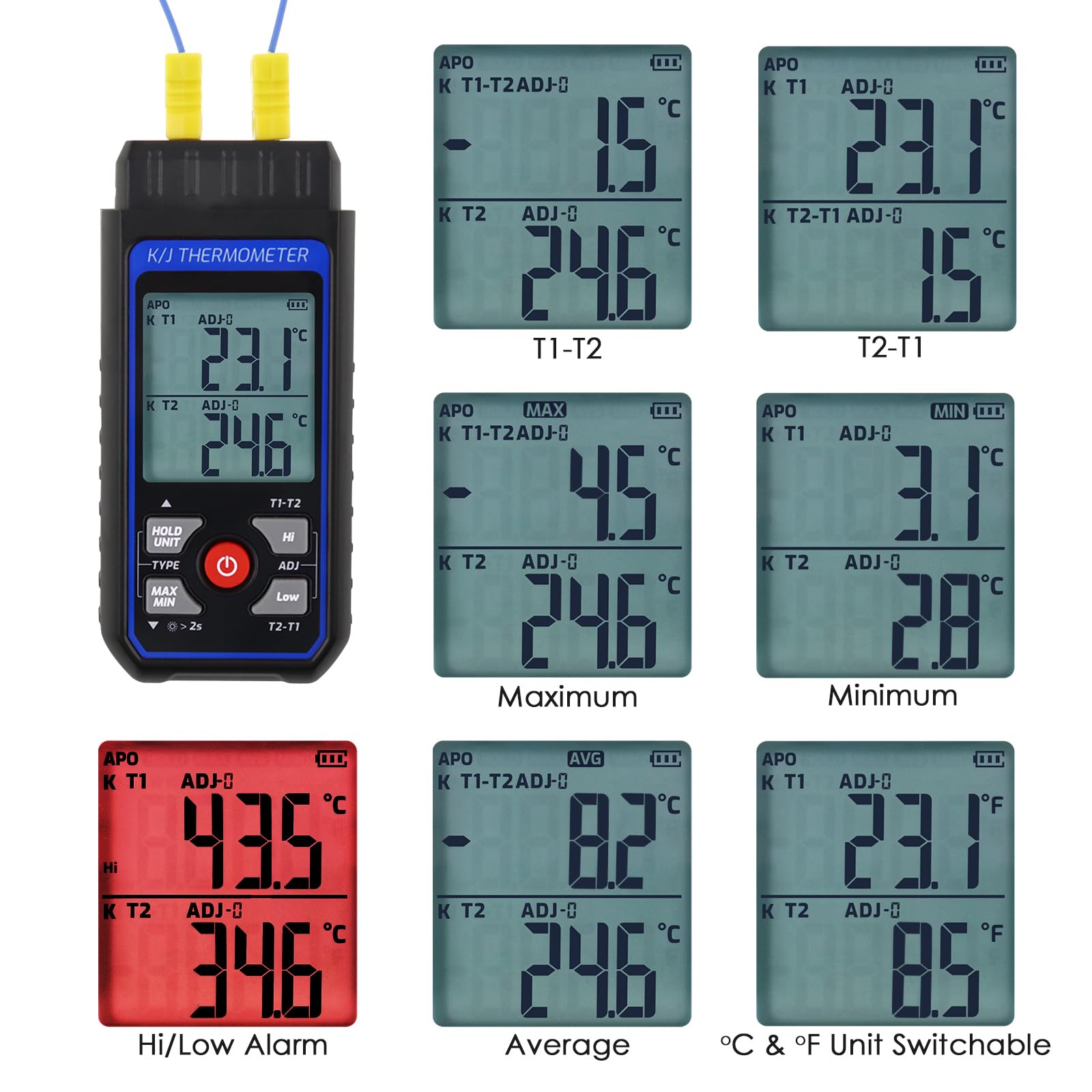 Termometro a termocoppia digitale a doppio canale K/J tipo termometro con 4 termocoppie di tipo K, intervallo di misurazione -328 ~ 2000 ° F Misuratore di temperatura Termometro HVAC con allarme e