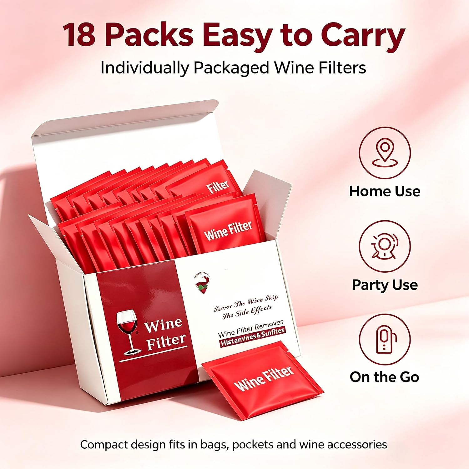 Wine Filters, Wine Histamine and Sulfite Remover, the Wine Purifier, Alleviate Wine Allergies 18 Pack