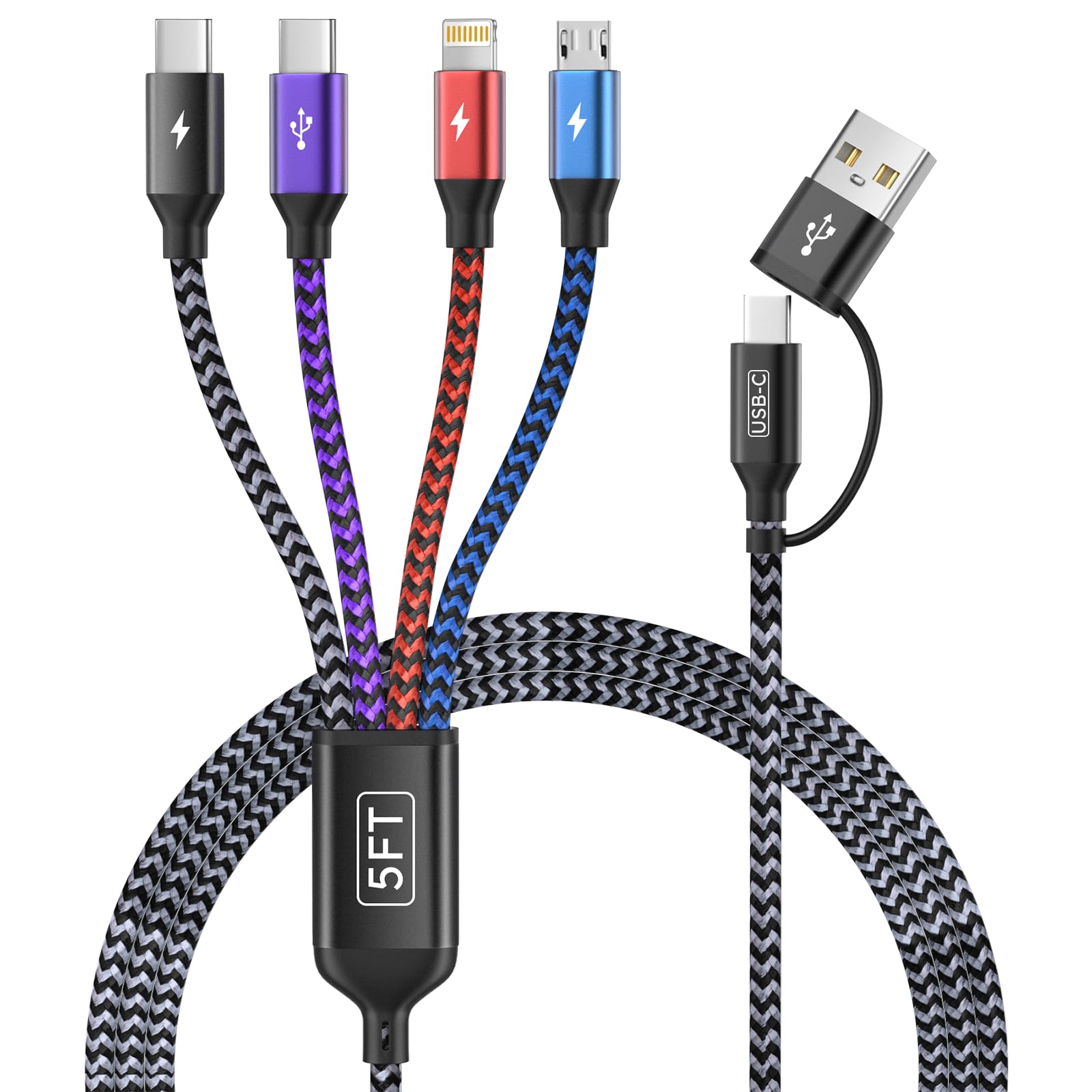 Cavo di ricarica multiplo, cavo intrecciato universale 4 in 2, 1 confezione nera, lunghezza 1,5 m, connettori multipli per la compatibilità del dispositivo
