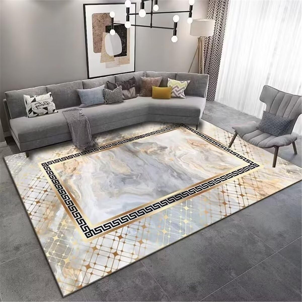 Tapis éveil bébé gris au design géométrique moderne et rectangulaire