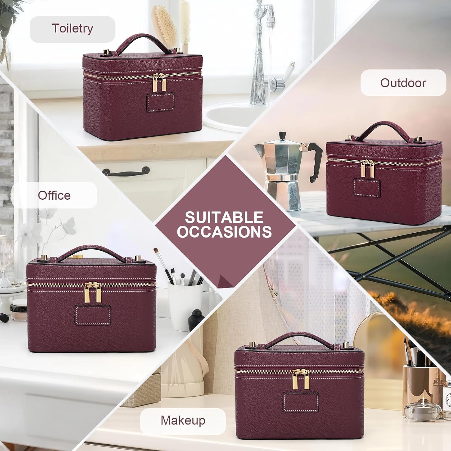 Starnearby Neceser de mujer de piel sintética, bolsa de cosméticos de viaje, neceser de maquillaje para mujer con divisor extraíble, bolsa de aseo, neceser cosmético de viaje, burdeos, 21,5 x 12,5 x
