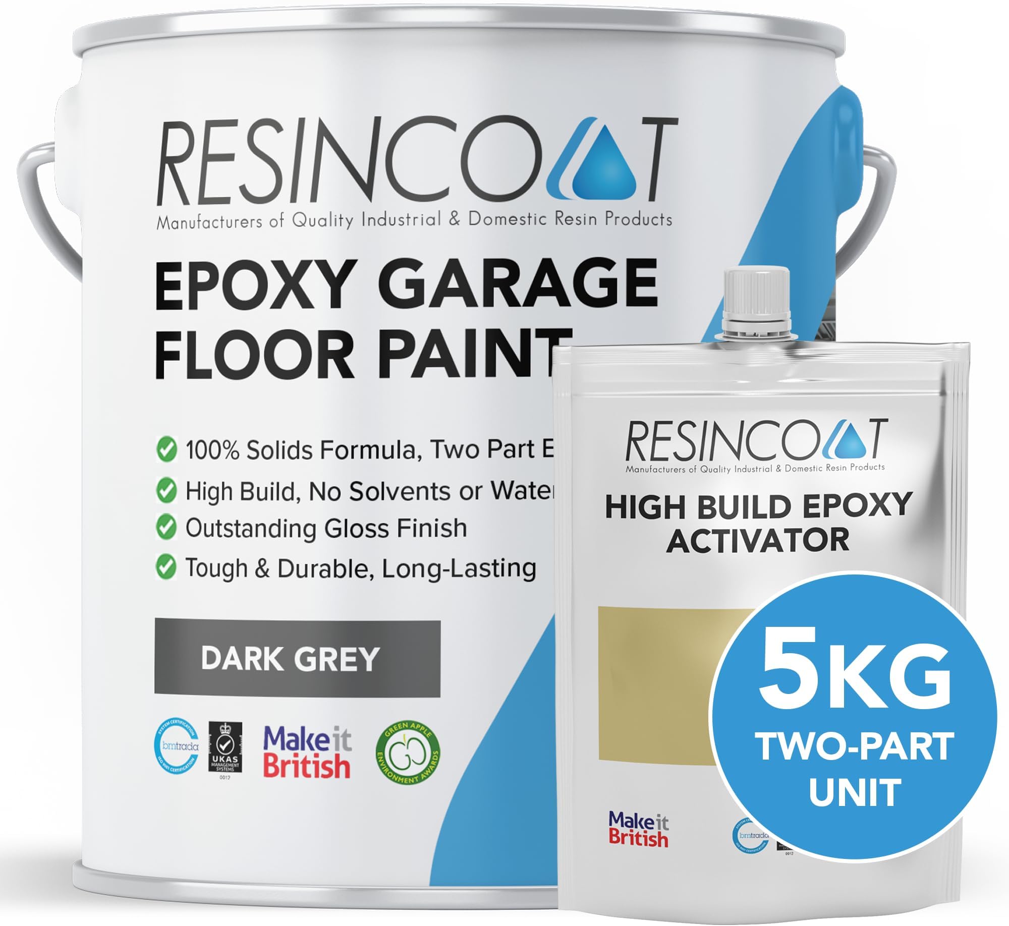 Resincoat High Build Epoxy Garage Floor Paint, Two-Part Epoxy Coating, High Gloss Finish, Solvent Free Formula, Tough & Durable Concrete Floor Paint, Made in the UK, Dark Grey, 5kg