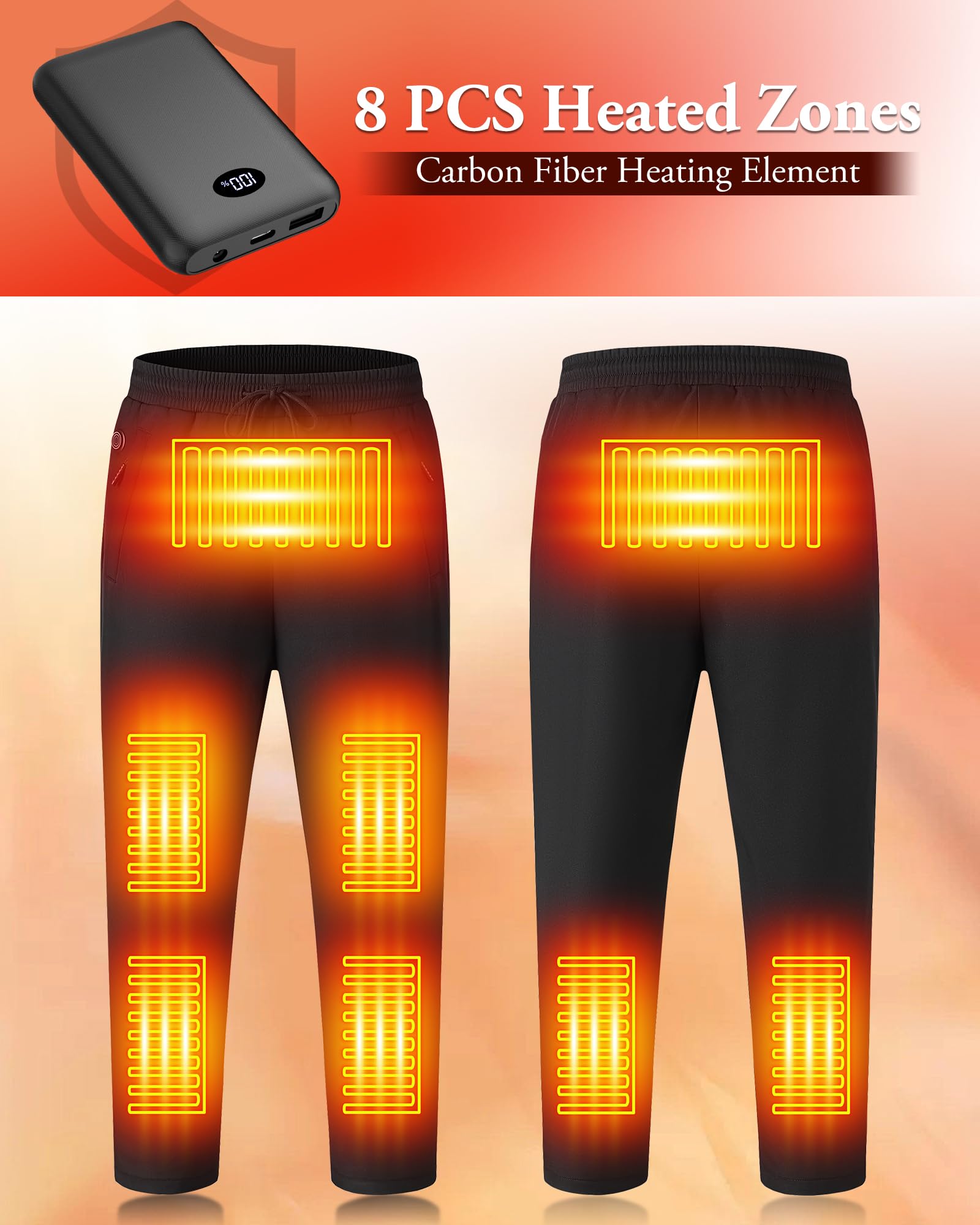 Beheizbare Hose Herren mit Powerbank Leicht Elektrische Heizhose Hosen für Outdoor Wandern, Wasserdicht, 8 Heizzonen