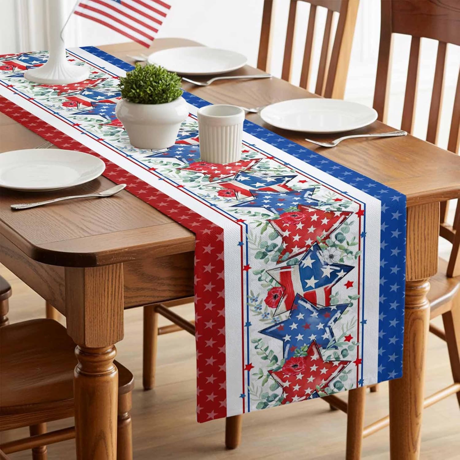 4th of July Table Runner 13x120 Inches Long Patriotic Stars Runner for Table Poppy Independence Day Table Runners Washable Dresser Scarf for Kitchen Coffee Dining Memorial Day Holiday Party Decor