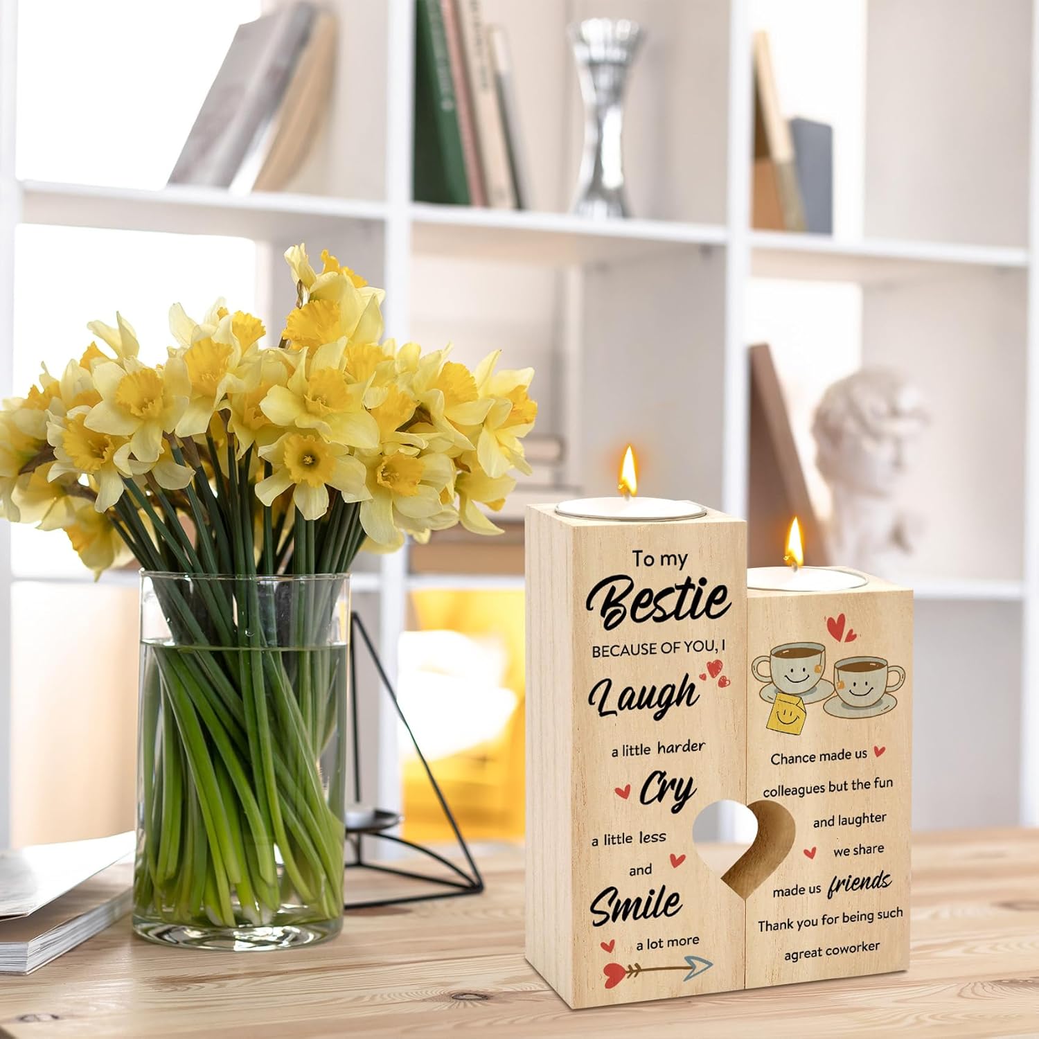 Work Bestie Gifts for Women Best Friend Coworker Wooden Candle Holders Office Table Decor Decorations Unique Birthday Galentines Day Gifts for Bestie BFF Unbiological Soul Sister - Image 5