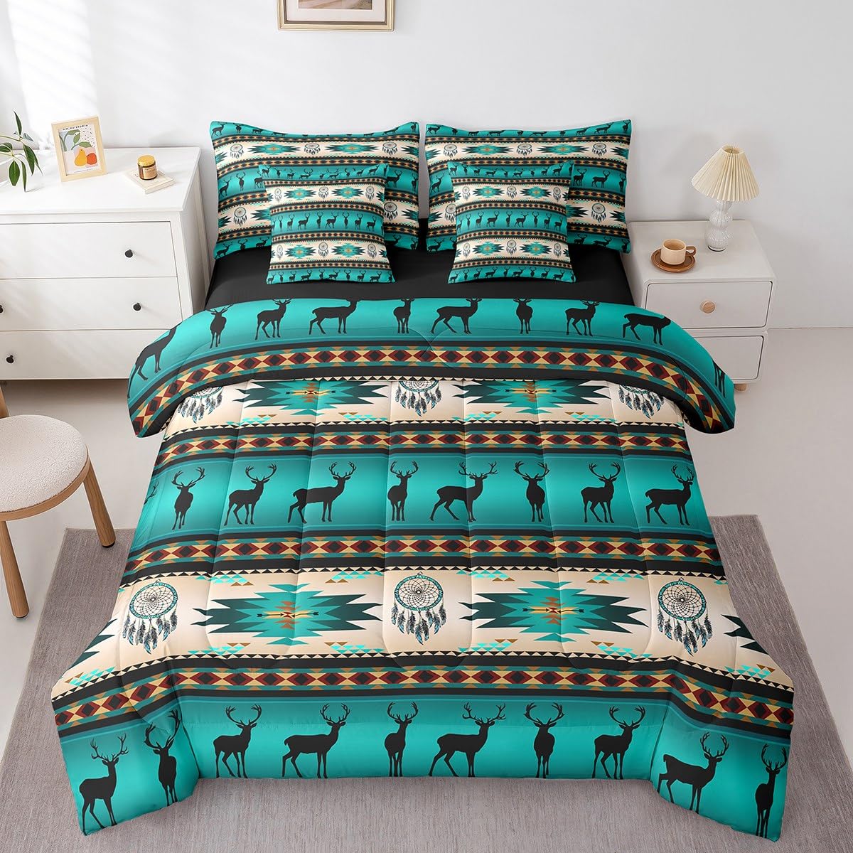 Elk Deer 7 Piece Comforter Set Full Bed in a Bag, Western Aztec Bedding Sets Christmas Reindeer Exotic Dream Catchers Comforter and Sheet Set, Woodland Animals Tribal Arrow Geometry Room Decor