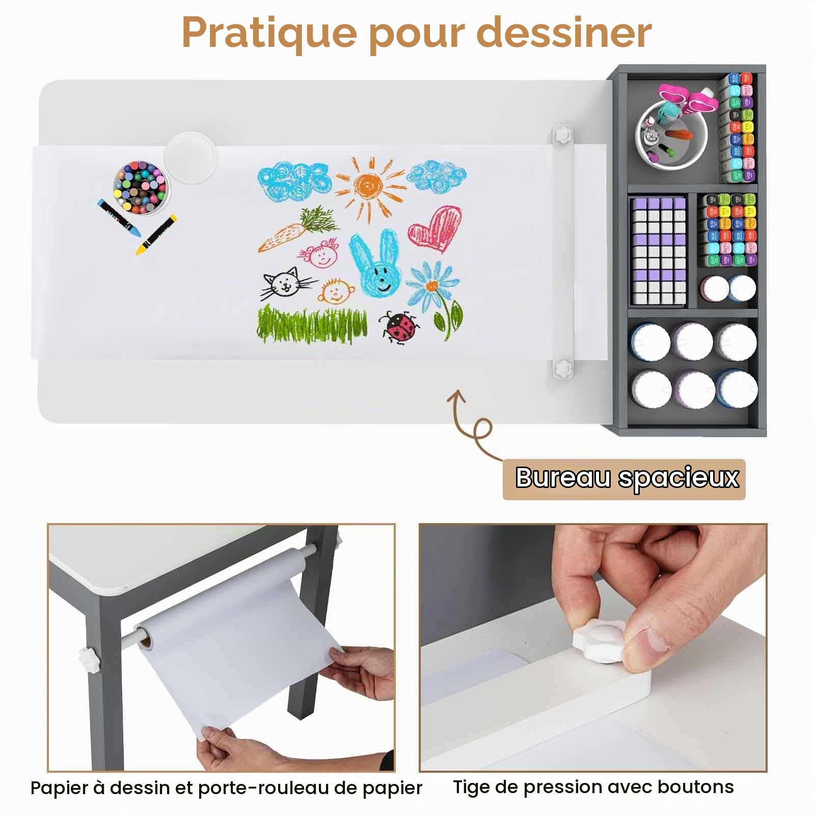 LIFEZEAL Ensemble Table Enfant avec 2 Chaises, Bureau avec 4 Paniers de Rangement, 4 Compartiments, Table à Dessin avec Rouleaux de Papier, Charge 60/50 kg, Garçon Fille 3+ Ans (Gris)