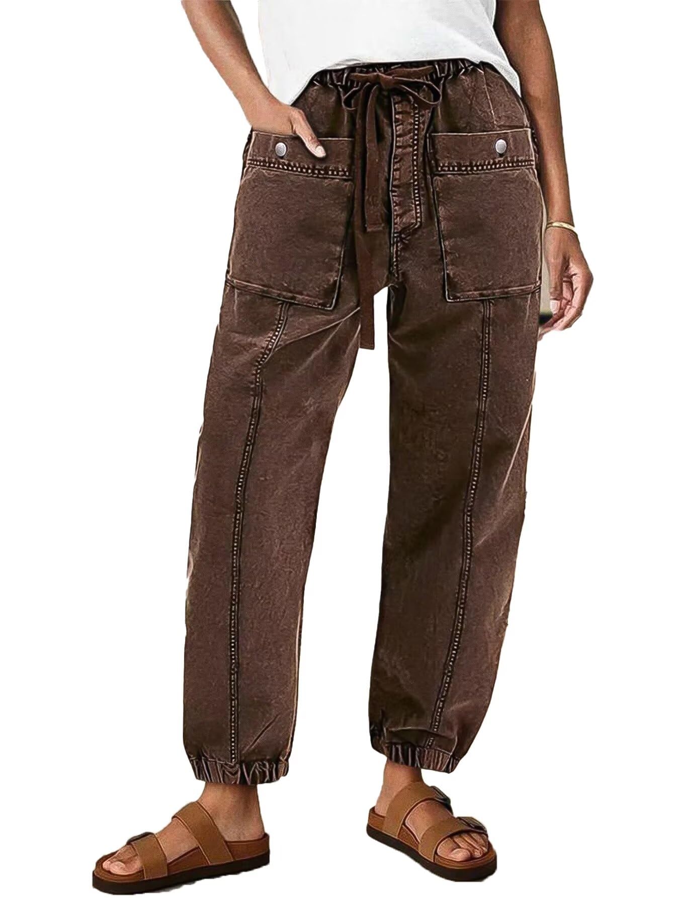 Flamingals Straight Leg Mid Waist Drawstring Solid Patch Pocket Crop Carrot Pants