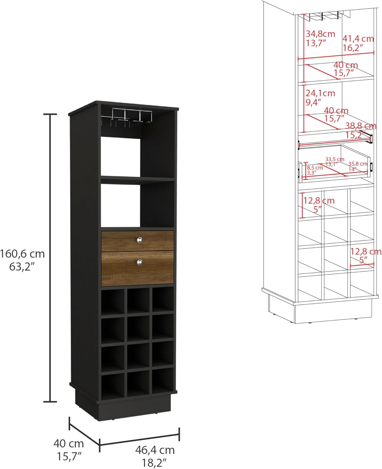 Classic Bar Cabinet with Two Storage Drawers, Dual Display Shelves, Built-in Wine Rack Cubbies and Sturdy Base for Elegant Home Entertaining, Bottle Organization and Stylish Modern Bar Furniture.