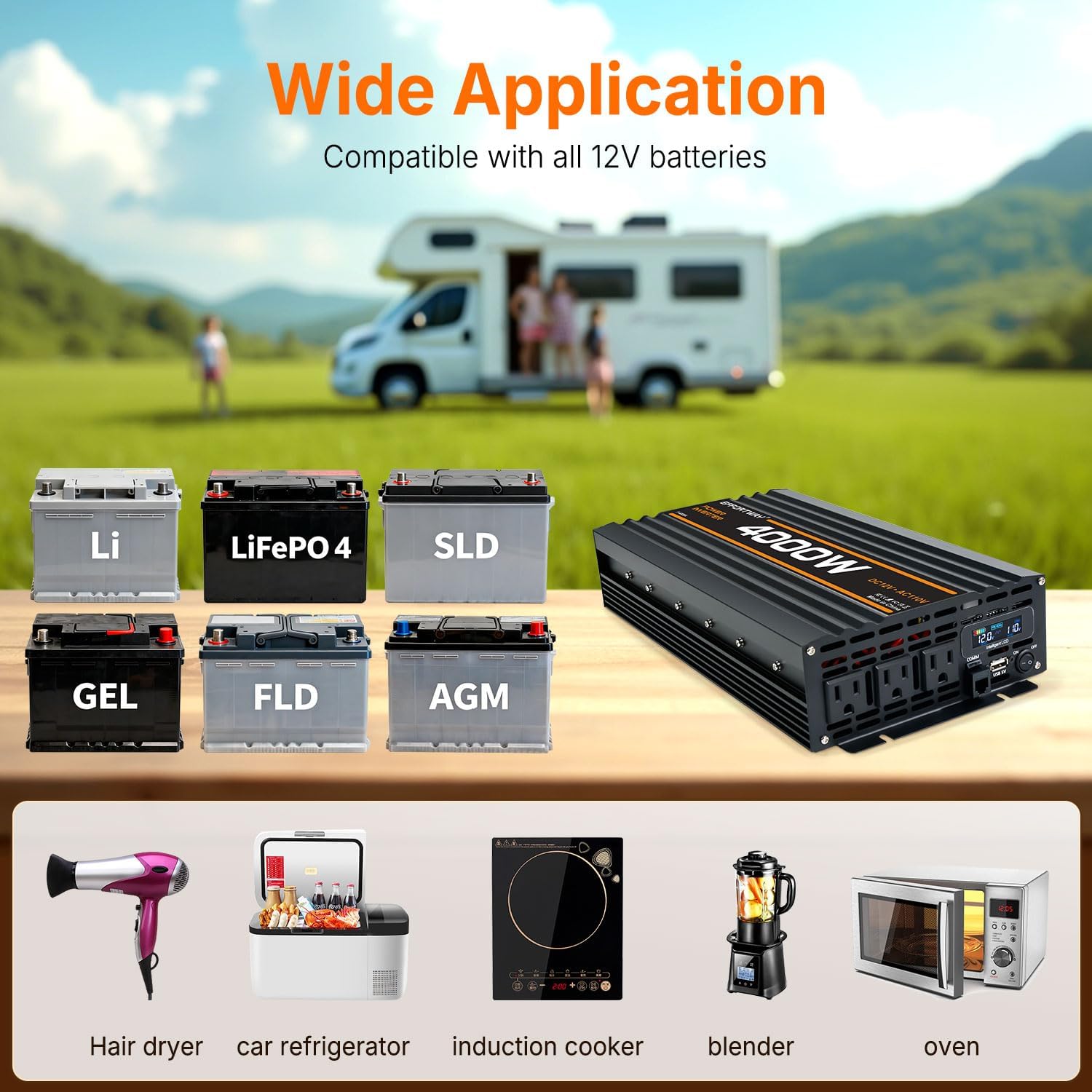 4000W Power Inverter, 12V DC to 110V/120V Modified Sine Wave Inverter with 3 AC Outlets, USB Port, Wired Remote Controller, Car Power Inverter for RV, Truck, Boat, Camping, Off-Grid
