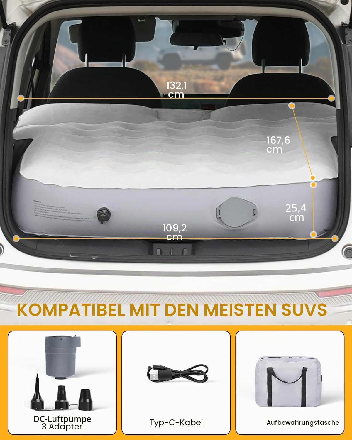 Aufblasbare Matratze Auto Luftmatratze SUV Matratze für Auto Kofferraum PVC Beflockung Tragbar Universal mit Kissen & eingebauter Pumpe für Reisen Station Wagon Camping