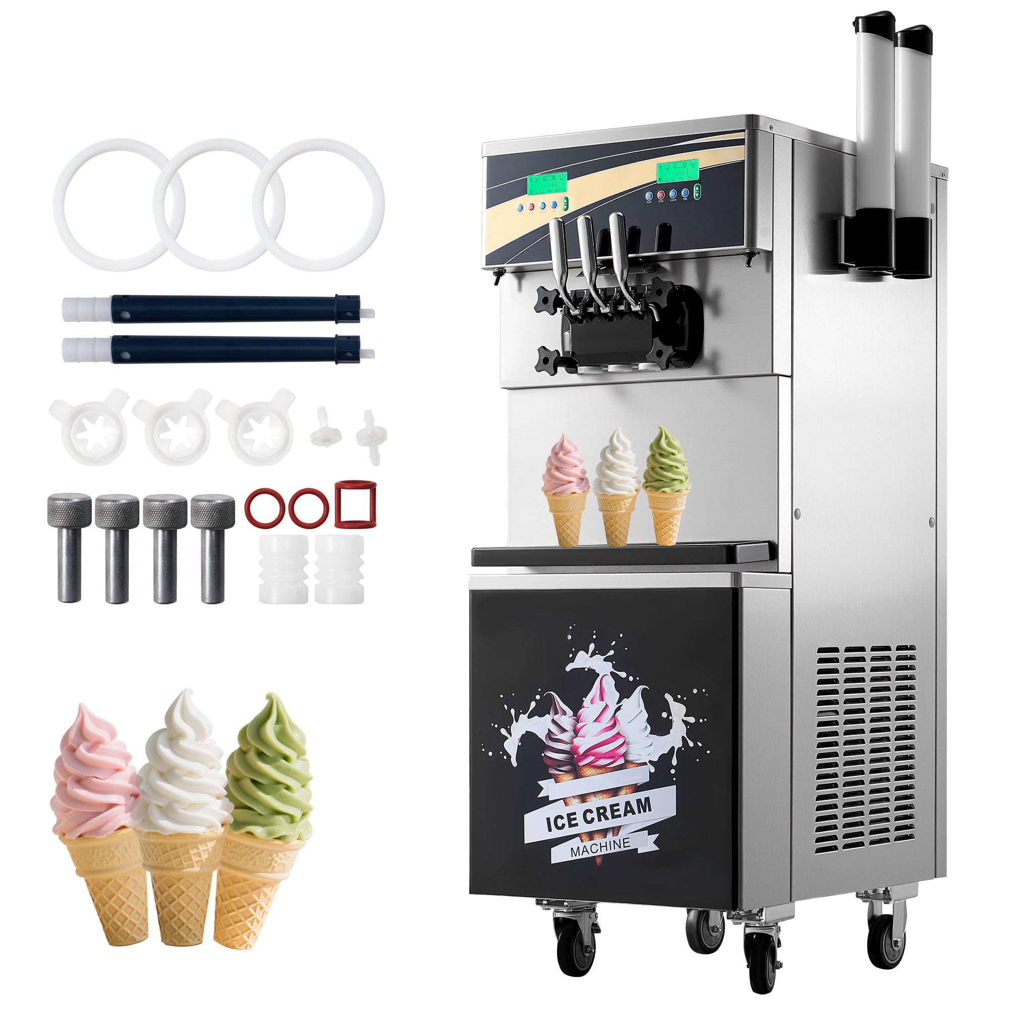 Jocisland 45L H Commercial Soft Ice Cream Machine 2900W 3-Flavor Ice Cream Maker Dual Compressors 10L 2 Stainless