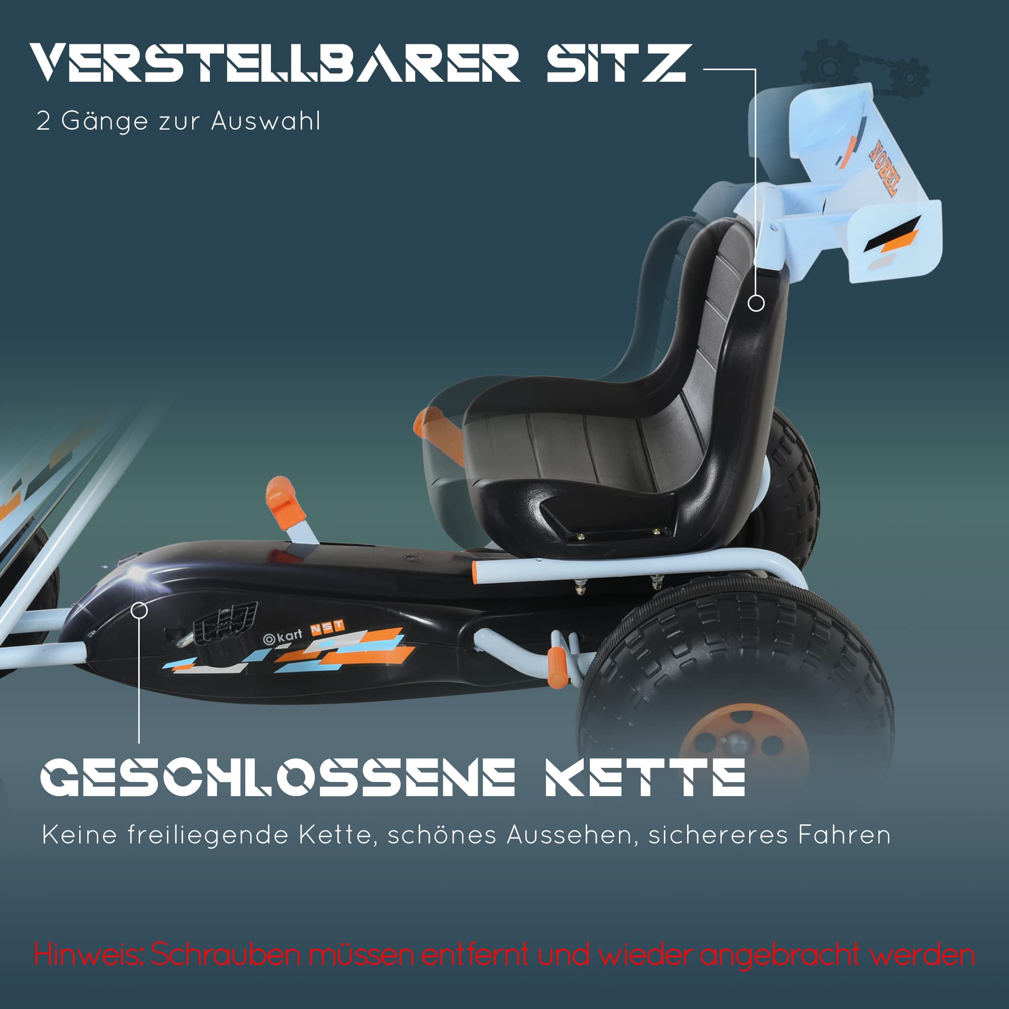 HOMCOM Gokart Tretauto mit Handbremse für Kinder ab 3 Jahren Hellblau | Verstellbarem Sitz, Pedal, Vor- und Rückwärtsgang, Kettcar, Tretfahrzeug, Kinderfahrzeug, Kinderspielzeug, Pedal-Gokart