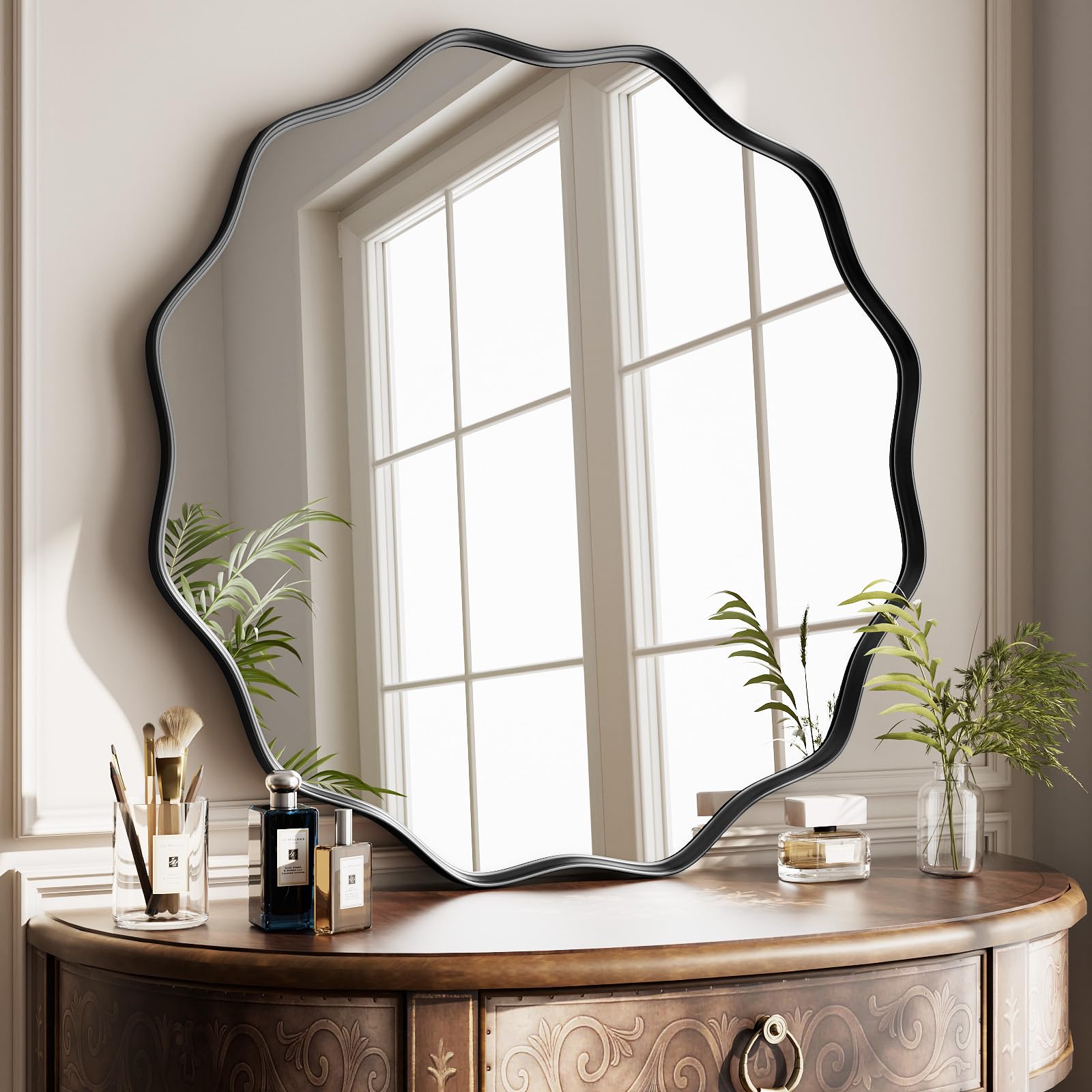 Koonmi Black Wavy Edge Large Round Mirror, 50Cm Wall Mirror With Textured Round Metal Frame, Be Hung Or Placed Against The Wall, Suitable For Bathroom, Corridor, Entrance, Living Room,