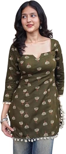 ZORASHA Fashion Women’s Cotton 3/4 Sleeve Printed Short Kurti with Tassel Hem Detail