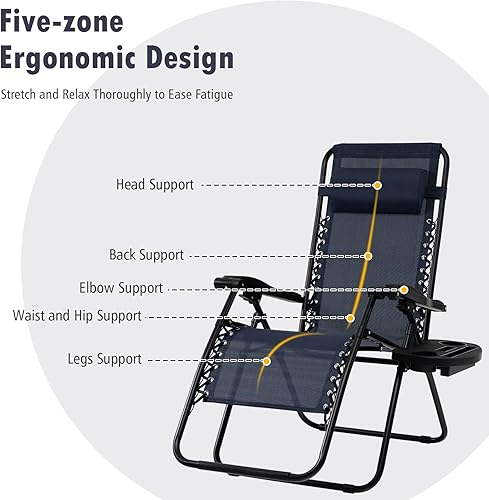 Miniatura 9 de Tangkula Juego de 2 sillas de gravedad cero, silla plegable para patio, reclinable, ajustable, con soporte para tazas, reposabrazos anchos para