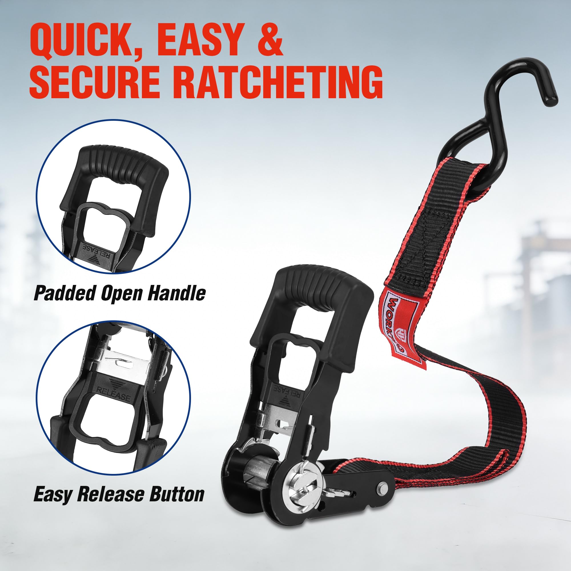 WORKPRO Spanngurte mit Ratsche, 4 Stück, 2,5 cm x 3,5 m, 680 kg Bruchfestigkeit, robuste Ratschengurte, passend für Umzugsgeräte, Motorrad, ATV, LKW (Schwarz und Rot)