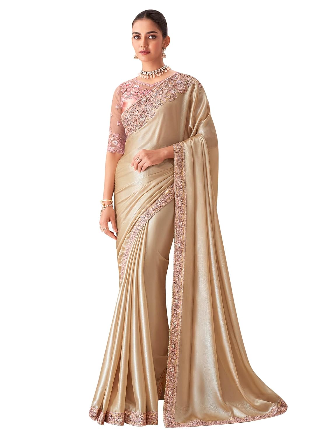 AKHILAM Women’s Pure Chiffon Embellished Saree With Unstitched Blouse (SNDLWOD1301_TFH_Parent)