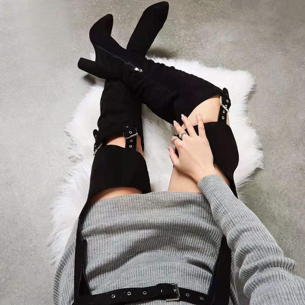 DETOGNI Women's Fashion Over The Knee Belted Pointed Toe Long Boots Sexy Buckle Strap Side Zipper Block Heels Thigh High Boots - Image 8