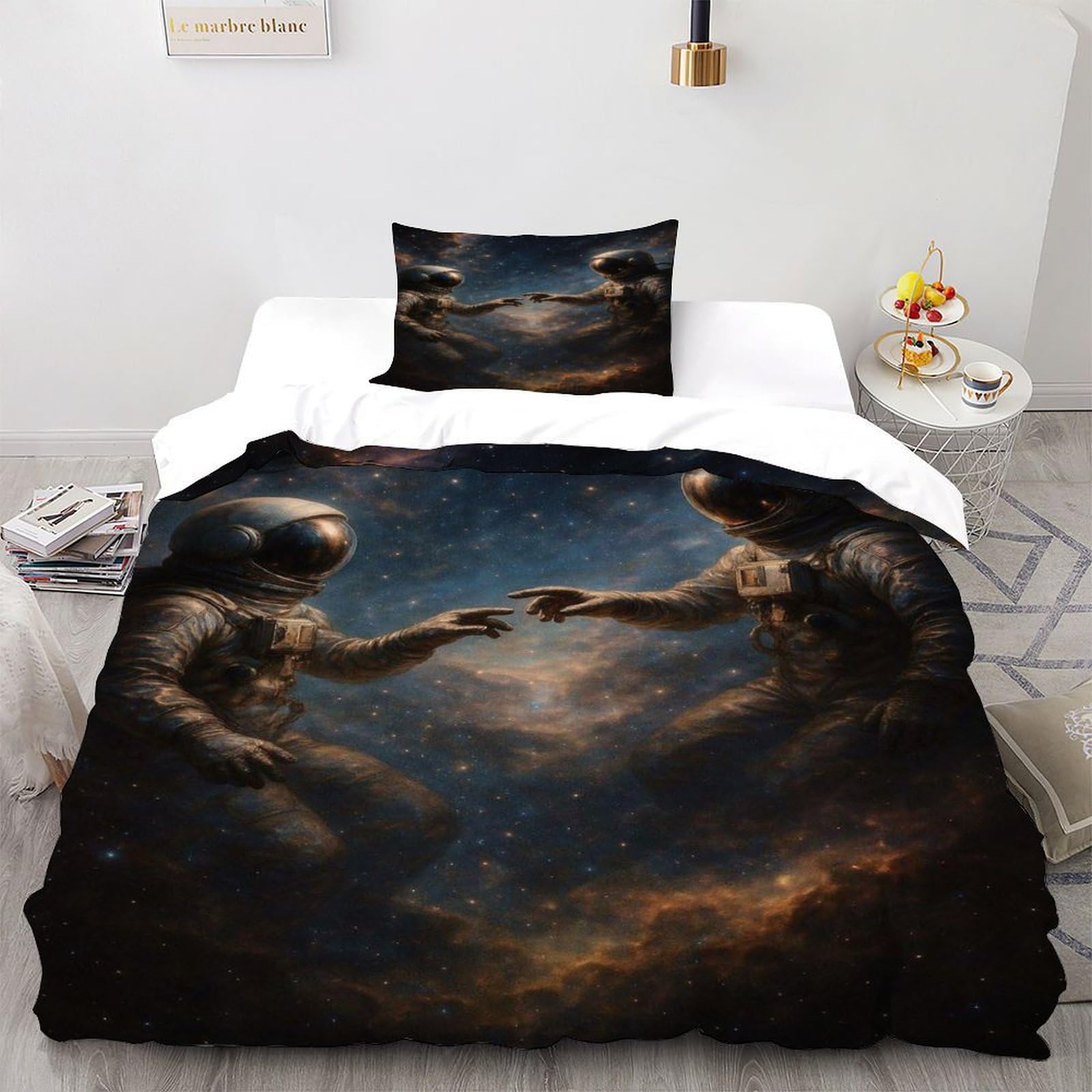 Astronauts Space Bedding Set 3D Digital Printing Space Theme Duvet Cover Set Pillowcase Microfiber Universal for All Seasons Single（135x200cm）