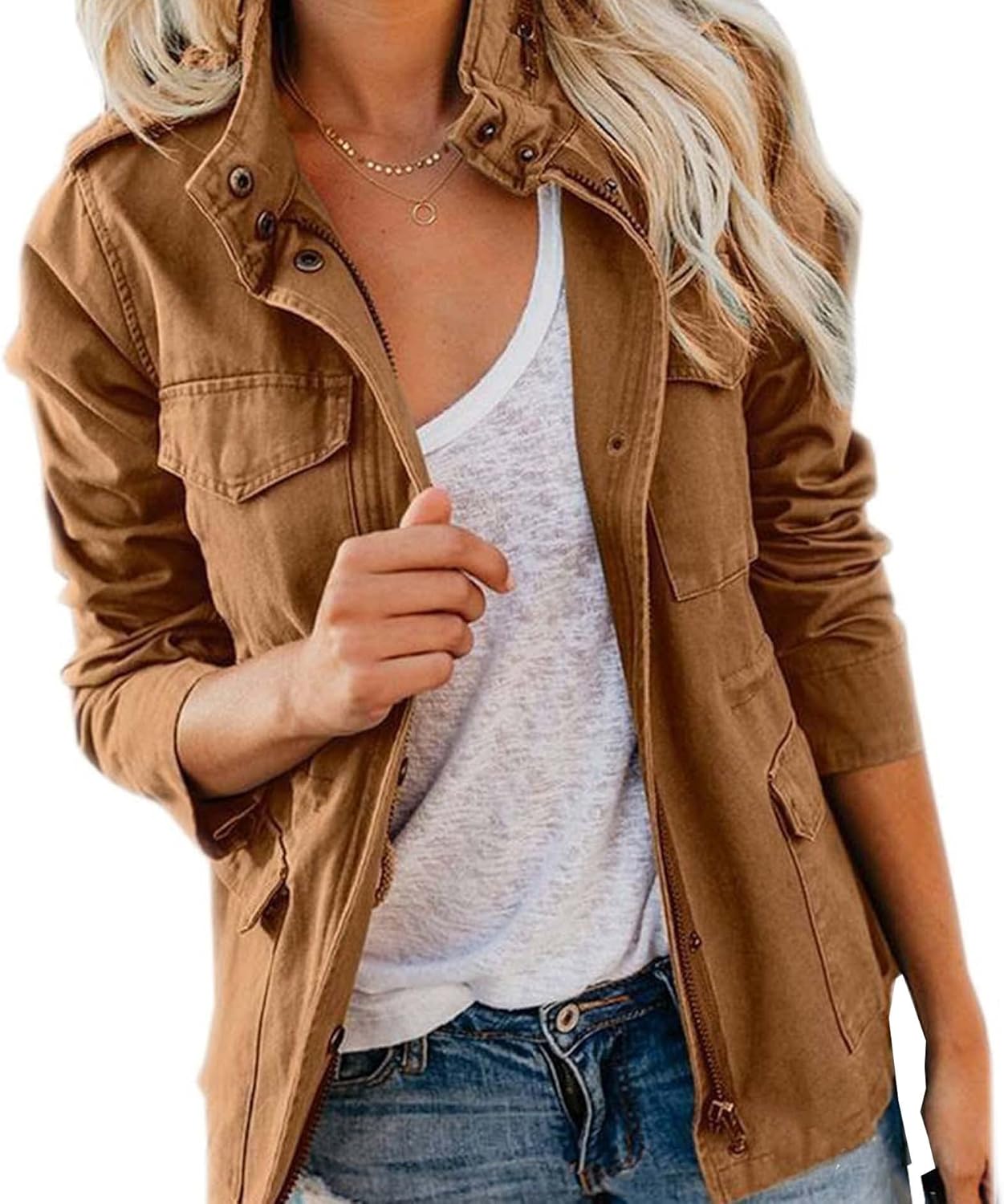 SOMTHRON Women's Stand Collar Zip Up Military Jacket Zip Up Lightweight Utility Anorak Field Safari Coat Outwear
