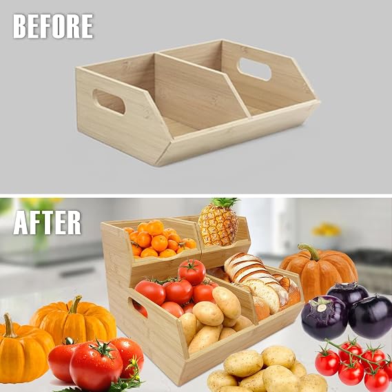 MinBoo Bamboo Stackable Pantry Storage Bins Potato and Onion Storage,Fruit Basket for Pantry Organization,Fruit Bowl for Kitchen Counter,Fruit and Vegetable Storage (Bamboo)