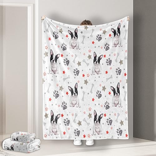 SOULZZZ 2 mantas de franela de Bulldog francés, con estampado de huellas de estrellas y huesos, para niños, niñas, niñas, niños, manta de pata de