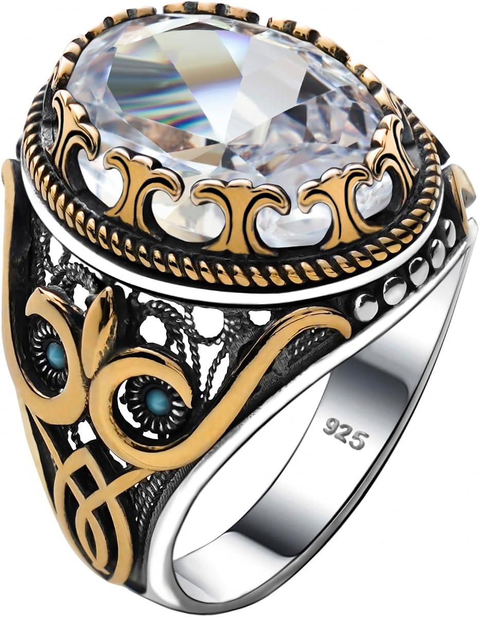 Alpha Rock Sólido Genuino 925 Plata Esterlina Acentuada con Bronce y Piedra, Auténtico Anillo de Estilo Otomano Turco Vintage para Hombre