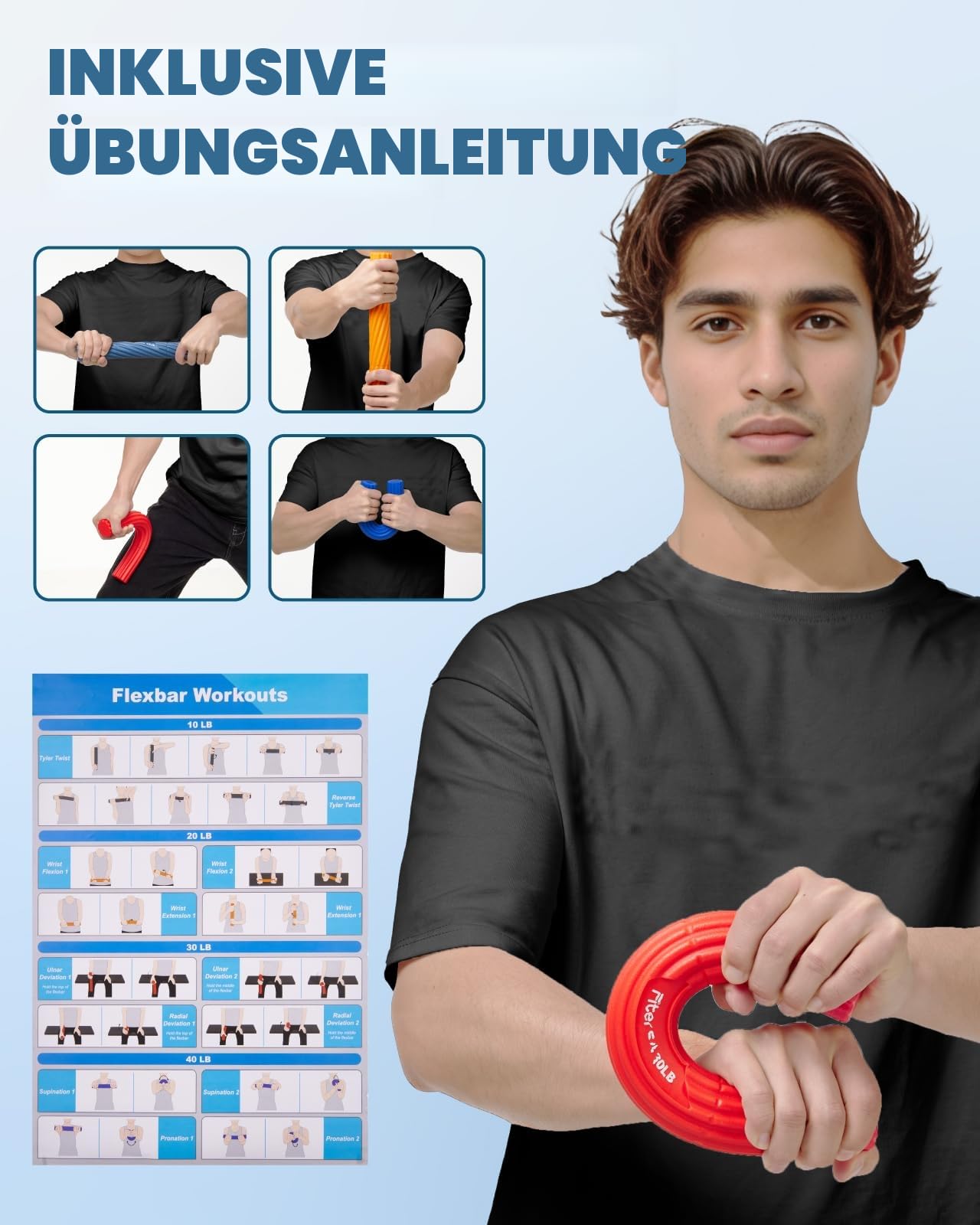 Fitense Flex Therapie Bar Kit, FlexBar Handtrainer, Widerstand Bar, Tennisarm Therapie Bar, Twist Hand Exerciser Bars für Relief Tennisarm, Golfer Ellenbogen & Tendinitis, Verbesserung der Griffstärke