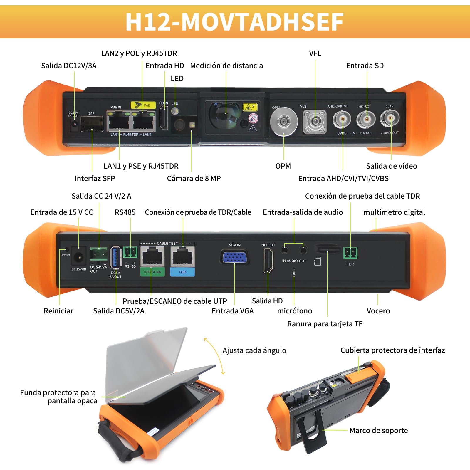 Henkion IPC-H12-MOVTADHSEF CCTV-Kameratester 8-Zoll-IPS-Touchscreen-Monitor CCTV-Tester unterstützt 8K IPC-Test und 4K TVI CVI AHD SDI-Kameratests SFP DMM OPM TDR POE HDMI VGA WiFi RS485