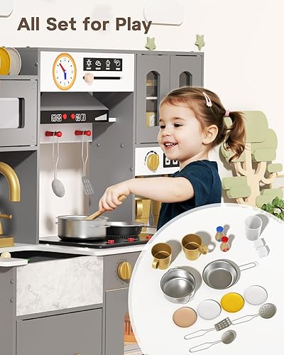Miniatura 6 de BIERUM Cocina de madera para niños de 3 a 8 años con luces y sonidos, juego de cocina de juego de simulación con estufa, máquina de hielo, cafetera,