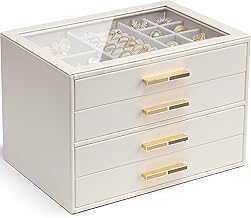 Vlando Glass Lid 4 Drawer Jewelry Box for Women Jewelry Box for Necklaces, Rings, Earrings, Bracelets, Accessories Organizer
