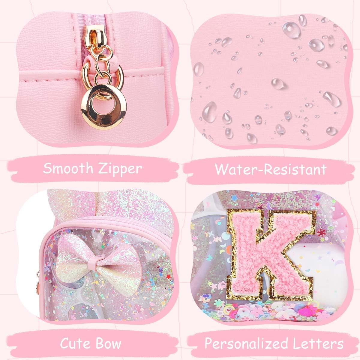 Personalized Girls Initial Mini Backpack - Convertible Toddler Bowknot Purse Crossbody Bag Clear Confetti Pocket Small Travel Gifts for Girls & Kids-Pink Glitter H image 4