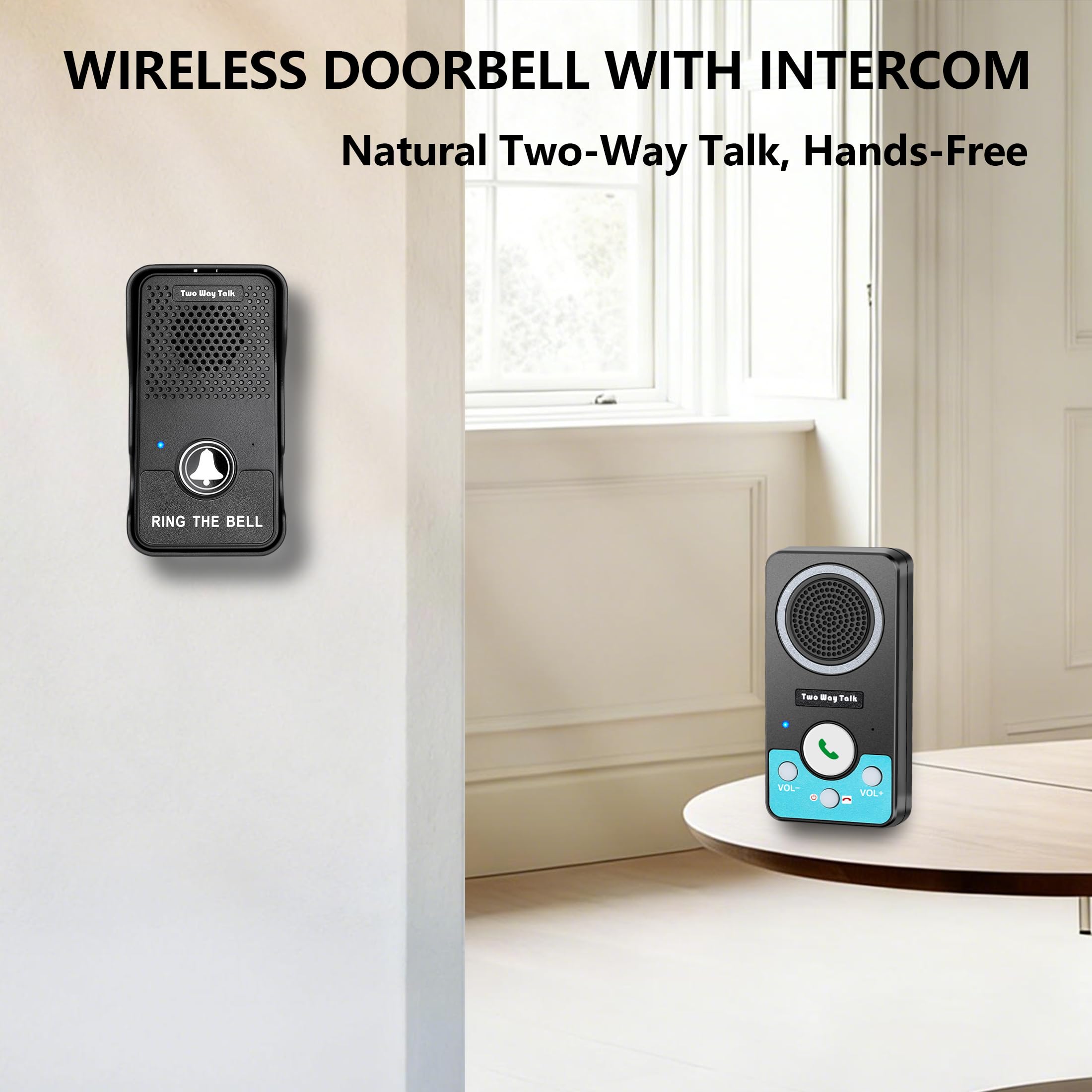 Timbre, timbre inalámbrico de dos vías para el hogar, timbre de puerta manos libres inalámbrico, timbre de conversación natural, impermeable, timbre de batería para habitación/dormitorio/aula, niños