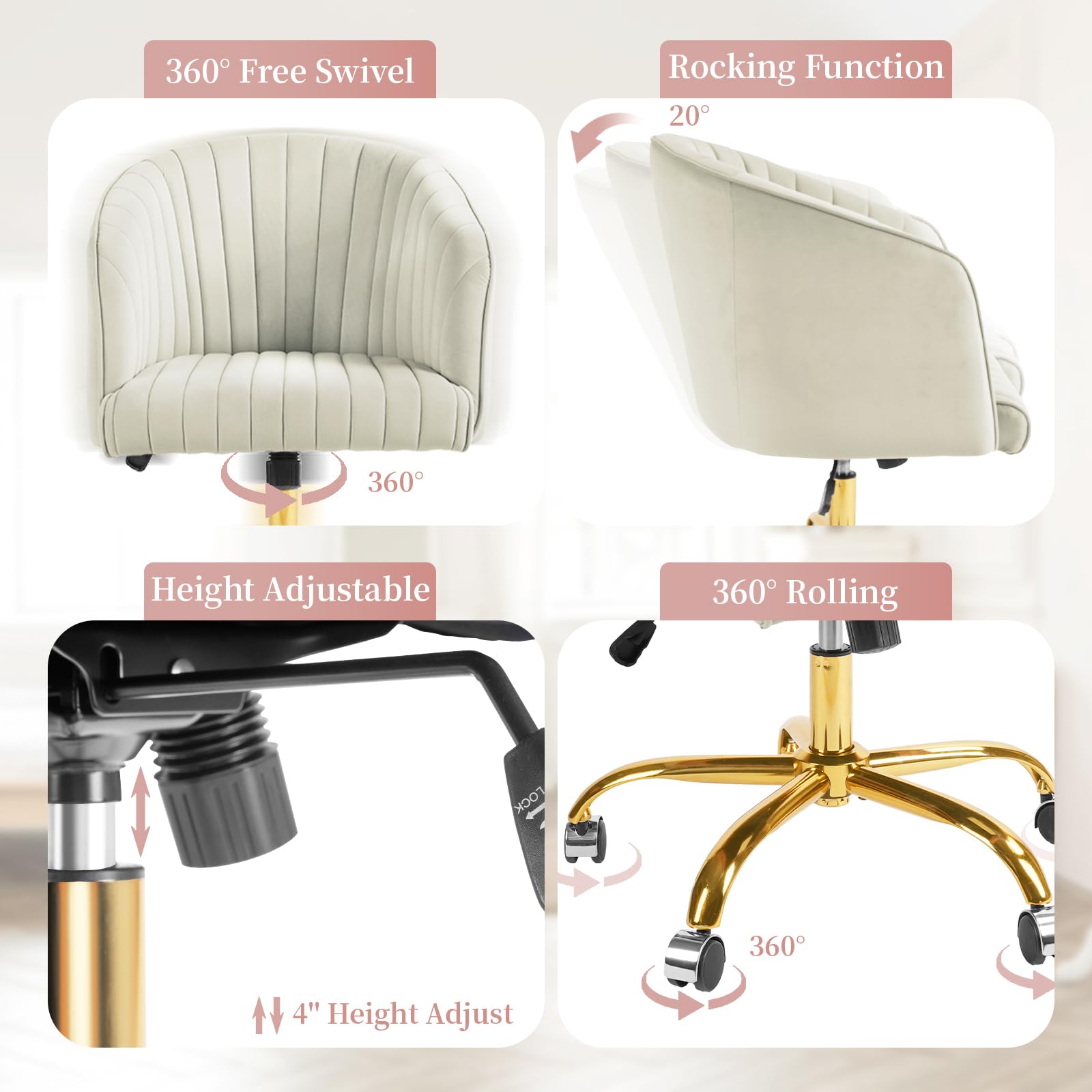 Velvet Office Desk Chair, Modern Home Office Chair with Swivel Gold ...