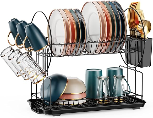 iSPECLE Dish Drainer Rack, Small Dish Drainers for Kitchen Counter 2 Tier Dish Rack with Cup Holder Utensil Holder and Drainboard Set (0031-Black)