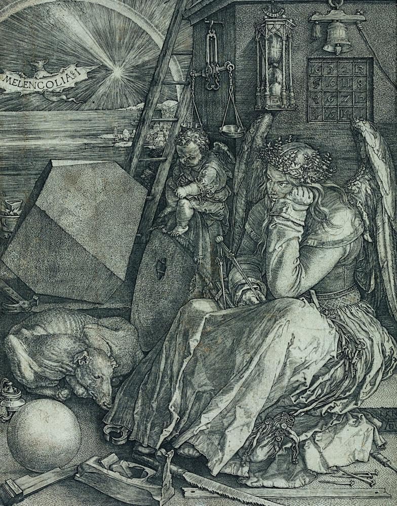 Albrecht Dürer 20x24 Black Modern Framed Art Print Titled: Melancolia I (1514)