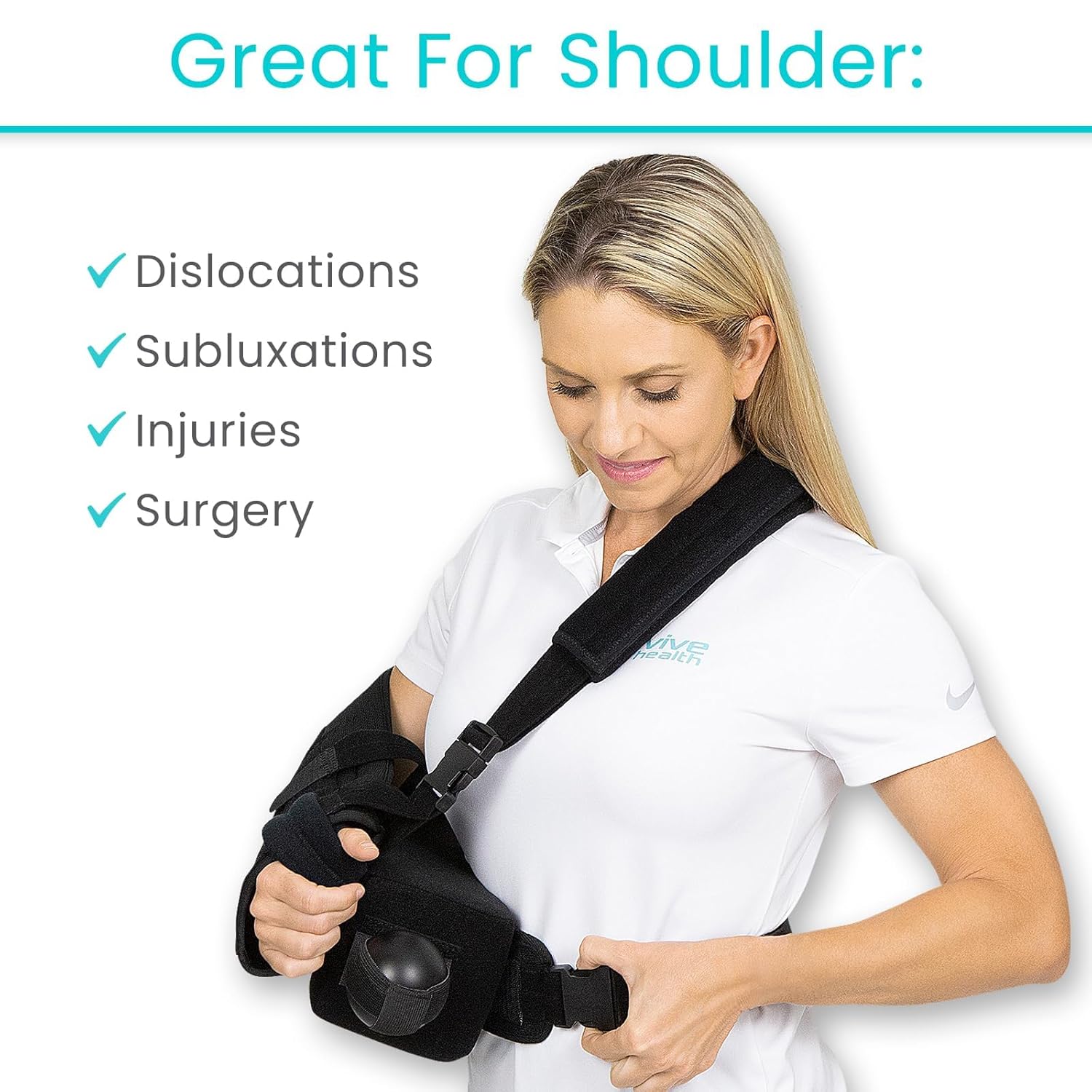 Vive Shoulder Abduction Sling - Immobilizer for Injury Support - Pain Relief Arm Pillow for Rotator Cuff, Sublexion, Surgery, Dislocated, Broken Arm - Brace Includes Pocket Strap, Stress Ball, Wedge - Image 6