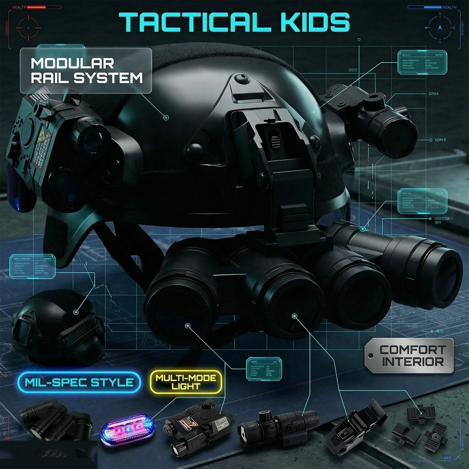 Taktisches Helmset for Kinder Mit 4-Augen-Nachtsichtmodell, Taschenlampe Und NVG-Halterung, Multifunktionaler Kampfhelm for Airsoft, Cosplay, Outdoor-Spiele