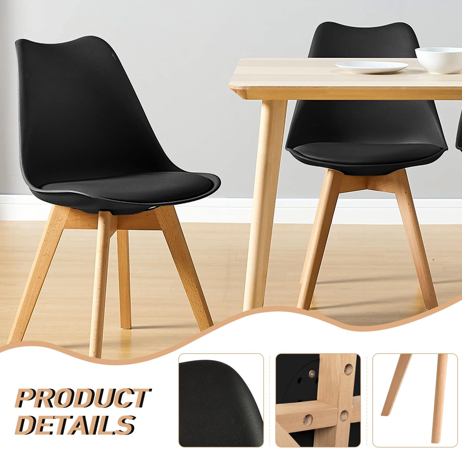 CangLong Set di 4 sedie da ufficio con gambe in legno massiccio di faggio, sedie imbottite dal design retrò del Mid Century per la cucina, la sala da pranzo e il soggiorno, nero