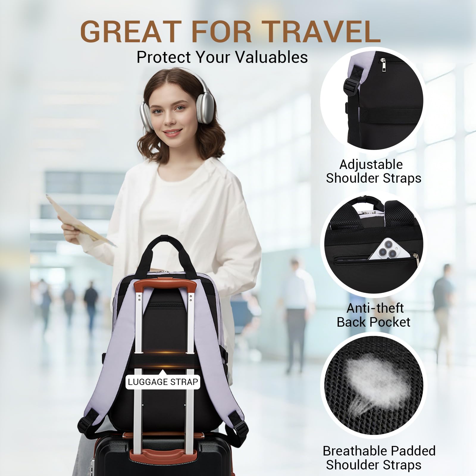 KONO Zaino Donna Porta PC 15,6 Pollici, Impermeabile, Grande Capacità con Tasca Porta Borraccia, Zaino per PC Portatile per Lavoro, Università e Viaggio (Viola/Beige)