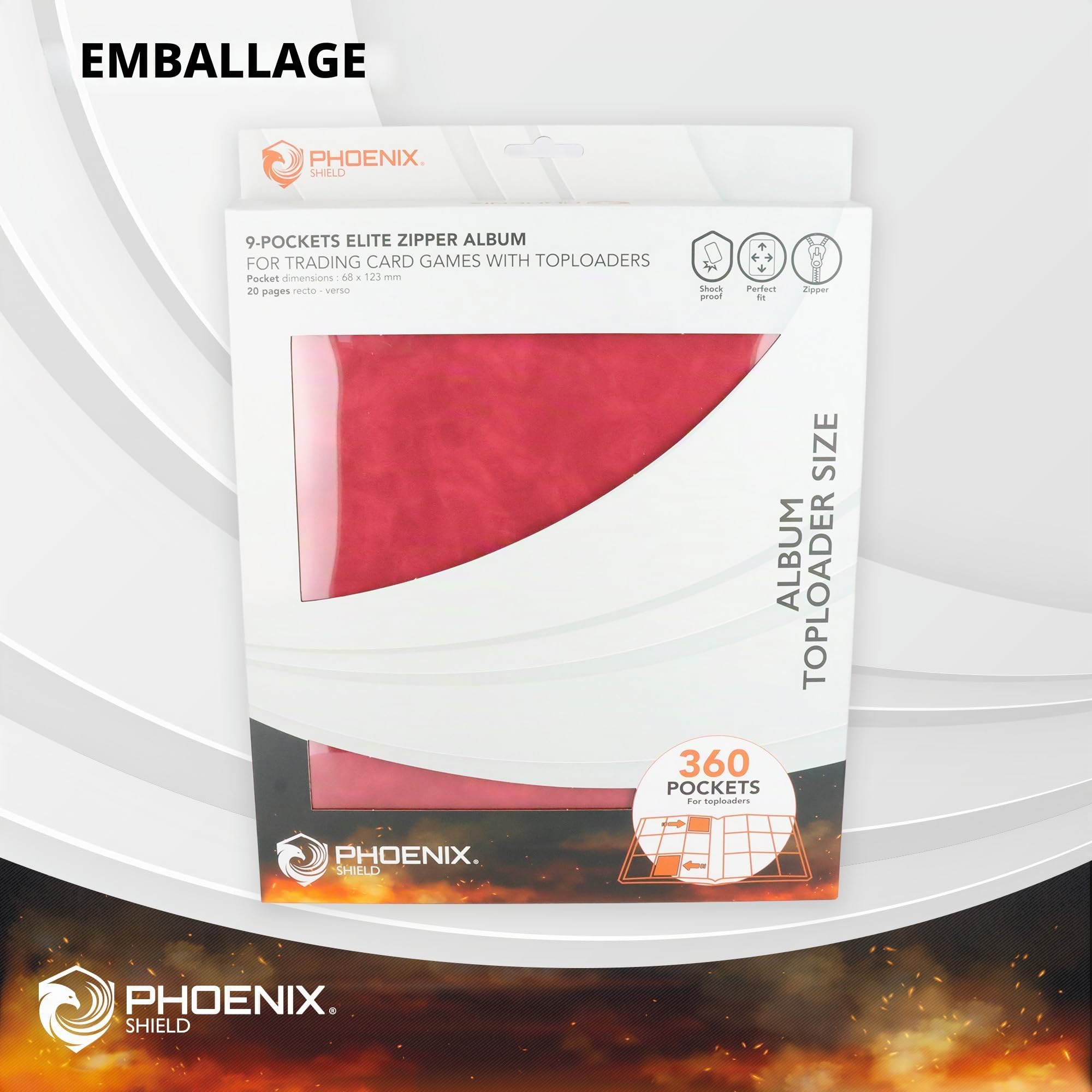 Phoenix Shield 69108 – Album rouge effet cuir 9 pochettes pour cartes en toploader (360 cartes) – Classeur rigide à fermeture éclair avec ouverture latérale