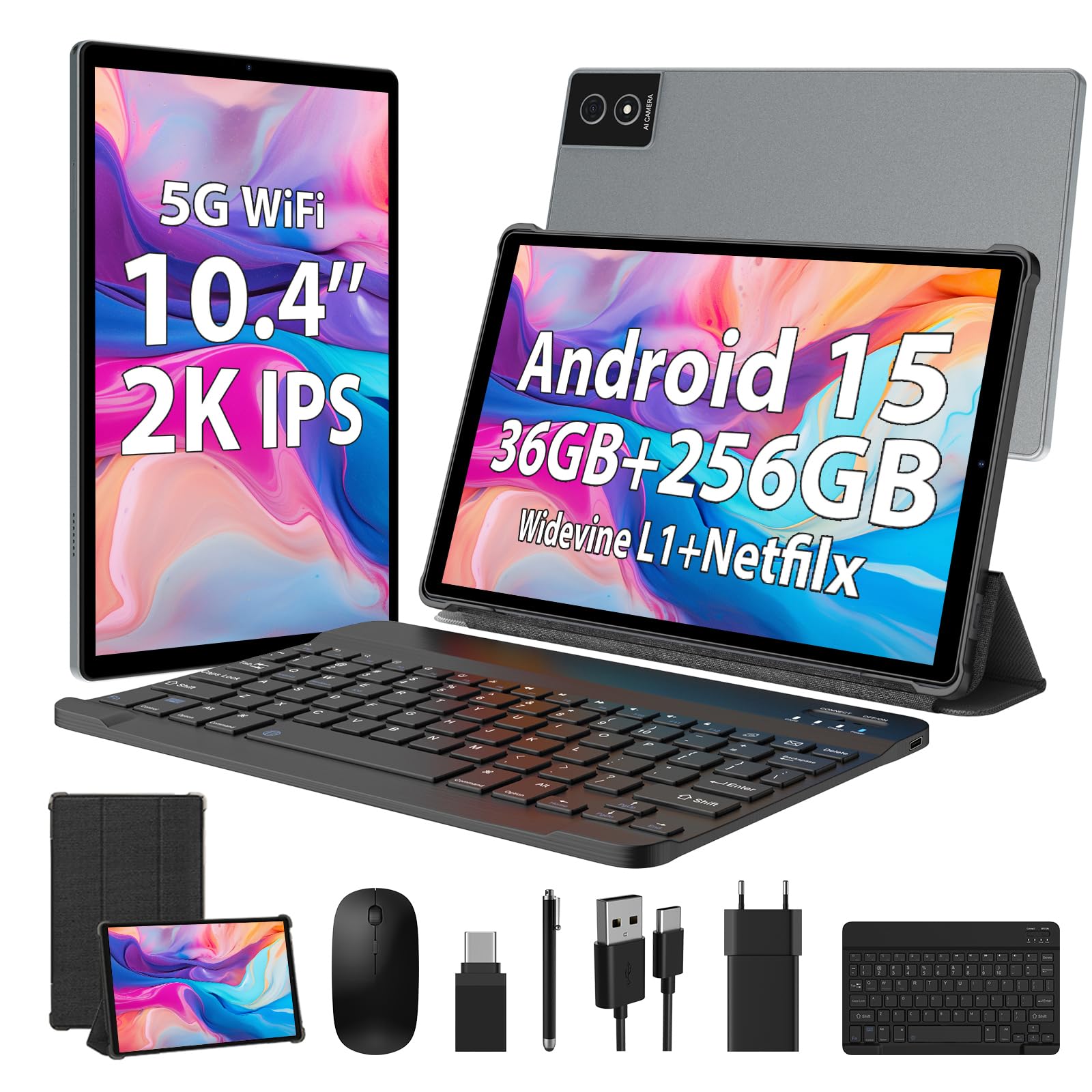 WOREGOO 10.4 Pollici Tablet Android 15, 5G WiFi, Tablet in Offerta 36GB RAM+256GB ROM(TF 1TB), 2000x1200 FHD, Octa-Core, Widevine L1/8000mAh/8MP+13MP/BT5.0/GPS/GMS, con Tastiera e Mouse, Grigio