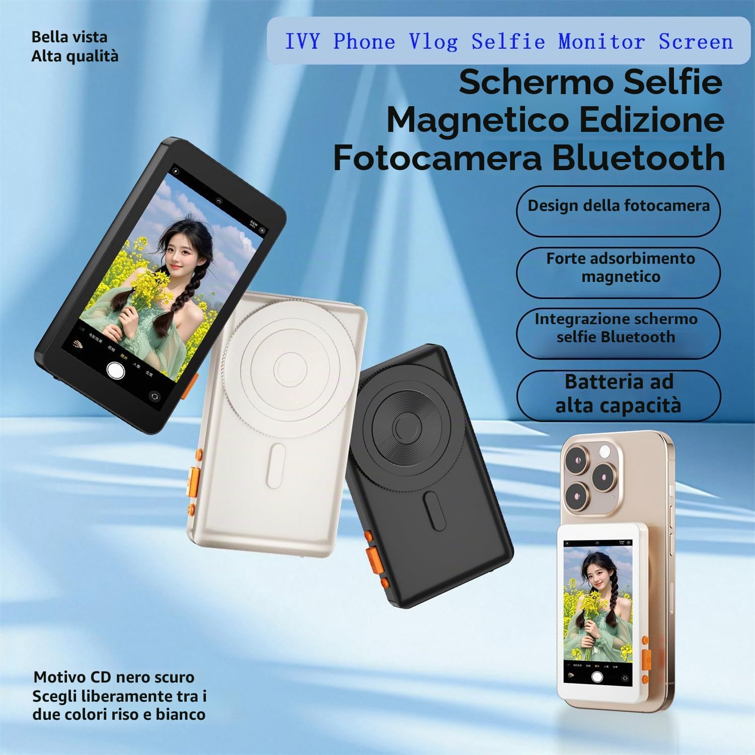 JZ Monitor per selfie Vlog per telefono, fotocamera posteriore, registrazione selfie TikTok/YouTube Live Stream, supporto magnetico wireless 1080p HD, monitor per selfie compatibile con iPhone e
