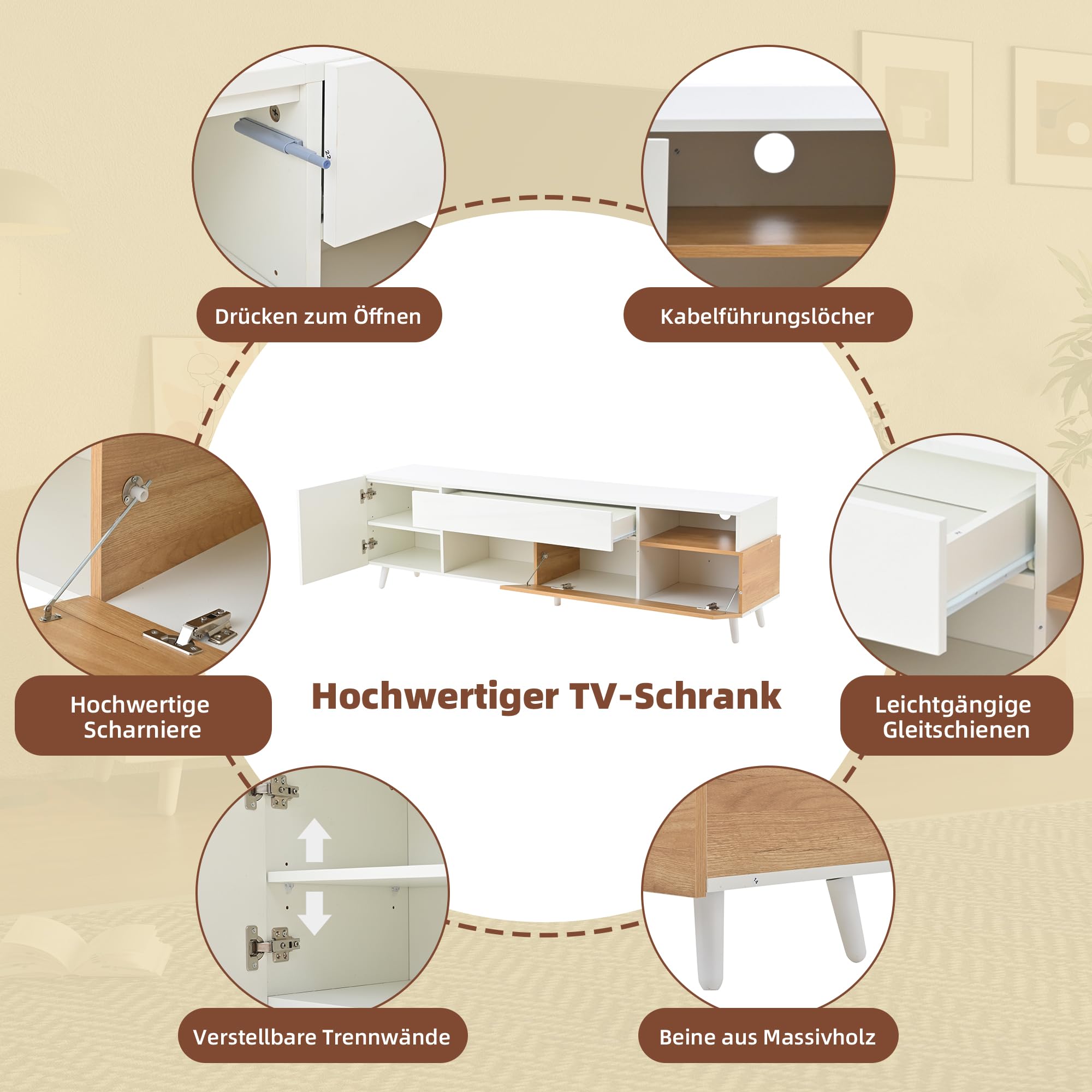 Merax TV Schrank, Hochglanz-TV-Lowboard, Moderner Fernsehtisch mit 2 Türen, 1 Schublade, Offene Regale, TV Ständer für Fernseher bis zu 75 Zoll, für Esszimmer, Wohnzimmer, 180cm, Weiß & Holzfarbe