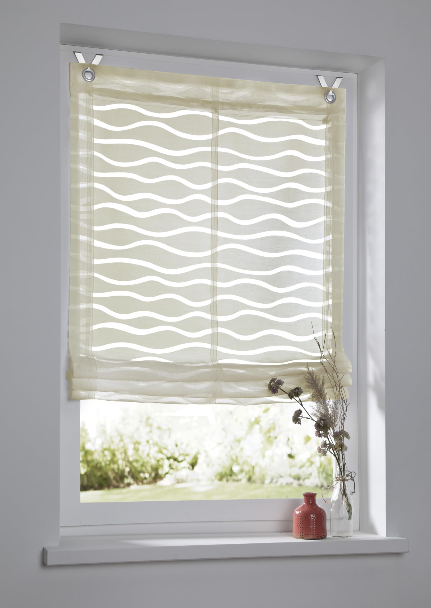Raffrollo Enya Natur mit Ösen Raffgardine Ausbrenner Welle halbtransparent B 100 x H 140 cm