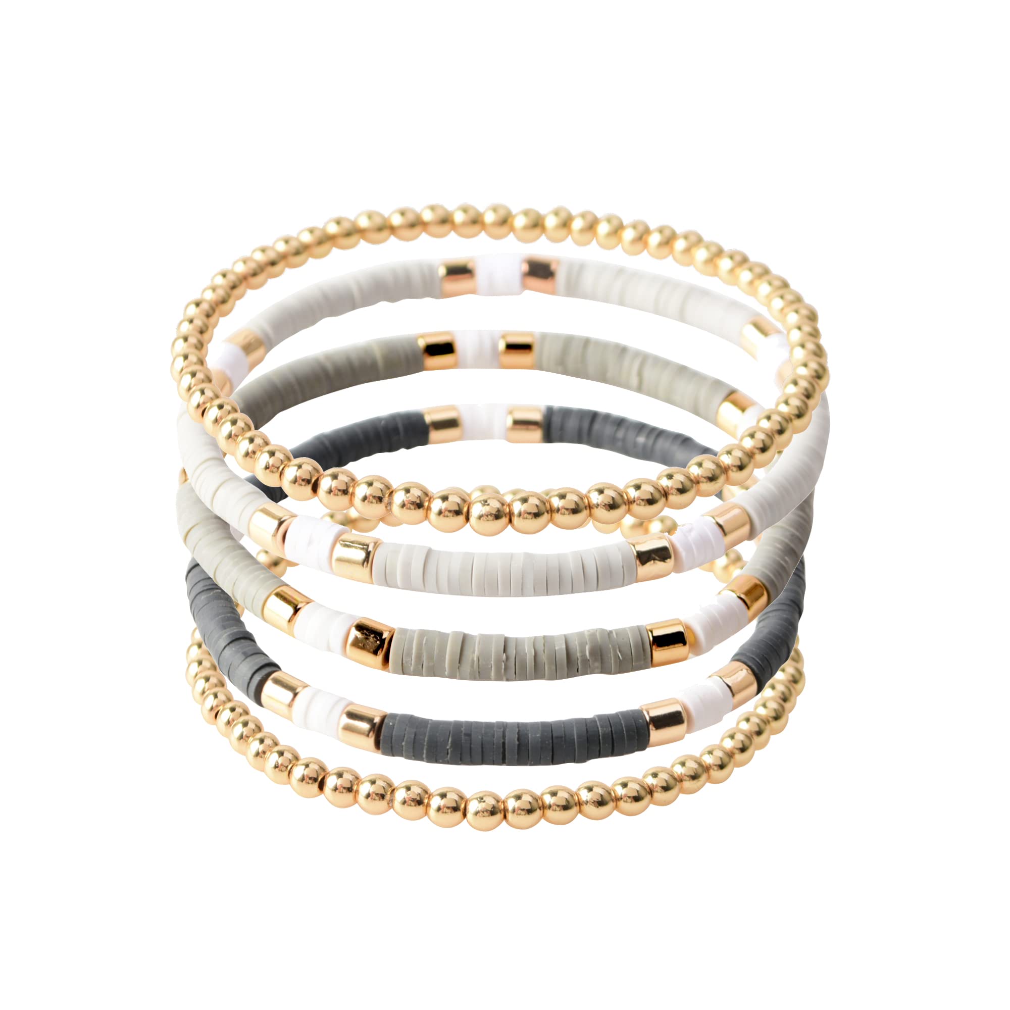 GOOJIDSSurfer Heishi Clay Bead Bracelets for Women Bohemian Stackable Gold Beaded Stretch Bracelets Elastic Layering Friendship Bracelets Set Boho Jewelry